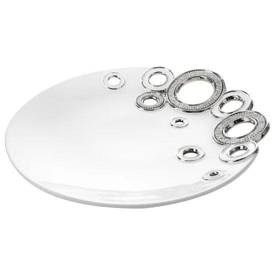 Patera ELEN z dolomitu z ażurową aplikacją zdobiona kryształami biało-srebrna - 34.5 x 32.5 x 4.5 cm - biały