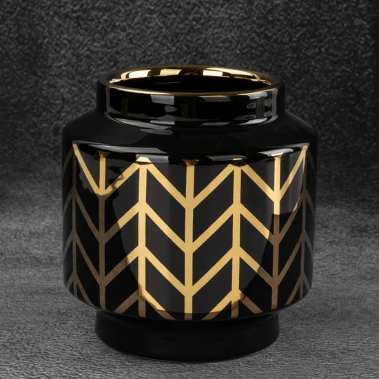 Wazon ceramiczny z geometrycznym wzorem czarno-złoty - ∅ 15 x 16 cm - czarny
