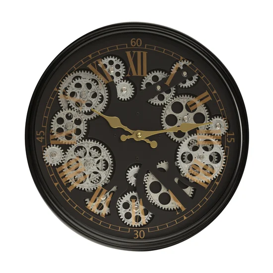 Dekoracyjny zegar ścienny z ruchomymi kołami zębatymi, styl industrialny, 35 cm średnicy - 35 x 7 x 35 cm - czarny