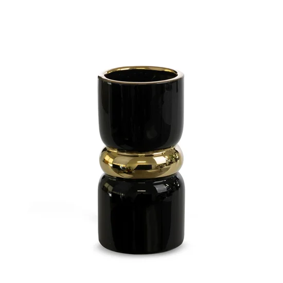 Wazon ceramiczny SELIN o  kształcie walca czarno-złoty - ∅ 10 x 21 cm - czarny