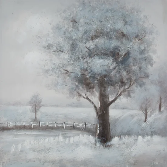 Obraz TREE 4 ręcznie malowany na płótnie pejzaż z drzewem podkreślony srebrzystym brokatem - 80 x 80 cm - szary