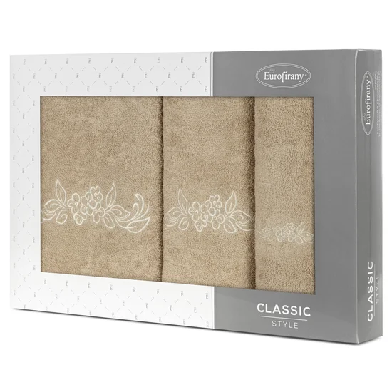 Zestaw upominkowy  CLAVIA 3 szt ręczników z haftem z motywem kwiatowym w kartonowym opakowaniu na prezent - 56 x 36 x 7 cm - beżowy