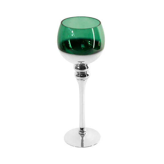 Świecznik bankietowy szklany CLOE na wysmukłej nóżce srebrno-zielony - ∅ 12 x 35 cm - biały