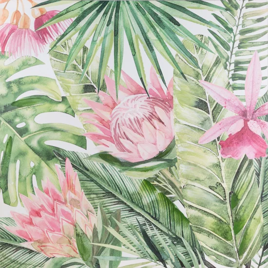 Obraz EGZOTIC  z tropikalnymi kwiatami i liśćmi ręcznie malowany na płótnie - 80 x 80 cm - zielony/różowy