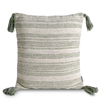 Poszewka ABI z grubej tkaniny strukturalnej w pasy z chwostami na rogach Poszewka ABI z grubej tkaniny strukturalnej w pasy z chwostami na rogach - 45 x 45 cm
