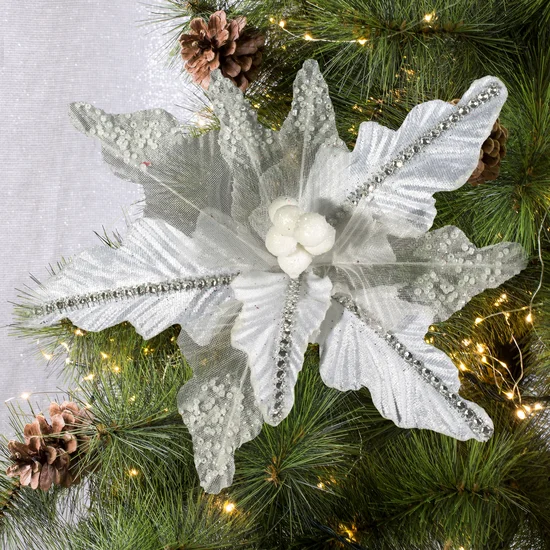 Świąteczny kwiat dekoracyjny z dwóch rodzajów tkanin zdobiony dżetami i koralikami - ∅ 26 cm - biały