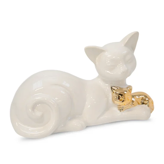 Kot - figurka ceramiczna biało-złota - 22 x 9 x 13 cm - biały