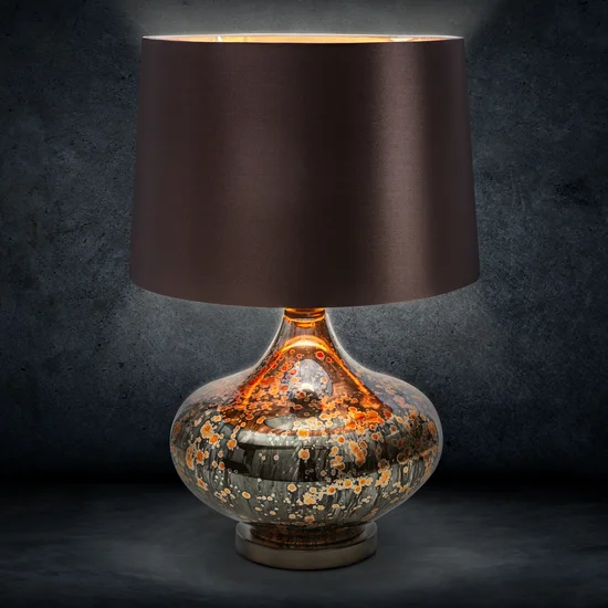 Lampa stołowa KIARA na szklanej podstawie z przecieranego szkła czarno-brązowa z welwetowym  abażurem - ∅ 38 x 64 cm - brązowy