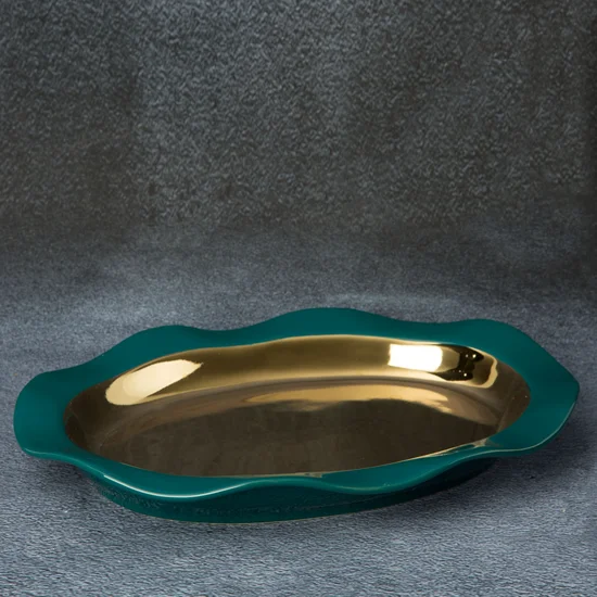 Misa ceramiczna o falującym kształcie turkusowo-złota - 35 x 26 x 4 cm - turkusowy