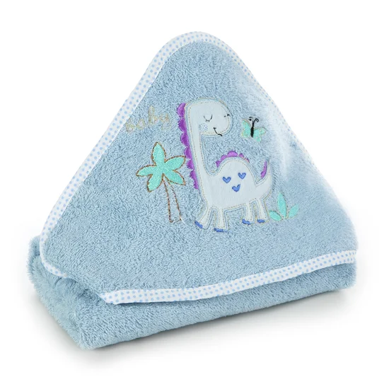 Ręcznik BABY z kapturkiem z haftowaną aplikacją z dinozaurem - 75 x 75 cm - niebieski