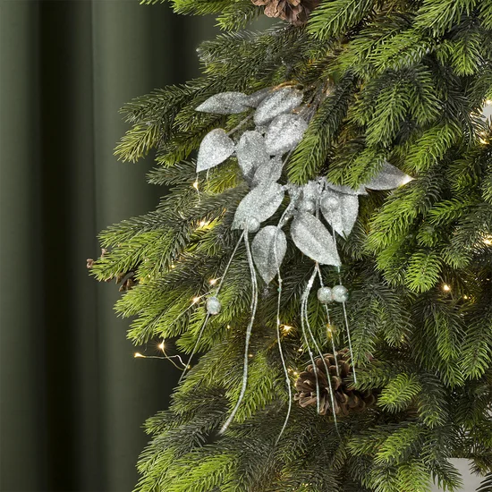 Zimowa gałązka z listeczkami obsypana srebrnym brokatem - długość 20 cm - srebrny
