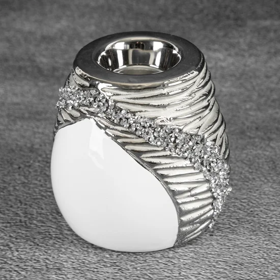 Świecznik ceramiczny ADONA zdobiony wytłaczanym wzorem i lśniącymi kryształkami - 10 x 10 x 10 cm - biały