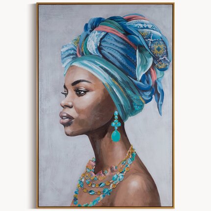 Obraz portret kobiety ręcznie malowany na płótnie oprawiony w ramę 80 x 120 cm szary,niebieski | Eurofirany