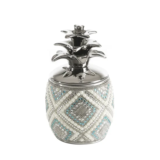 Pojemnik dekoracyjny z porcelany bogato zdobiony kryształkami i perełkami ananas - ∅ 13 x 22 cm - wielokolorowy