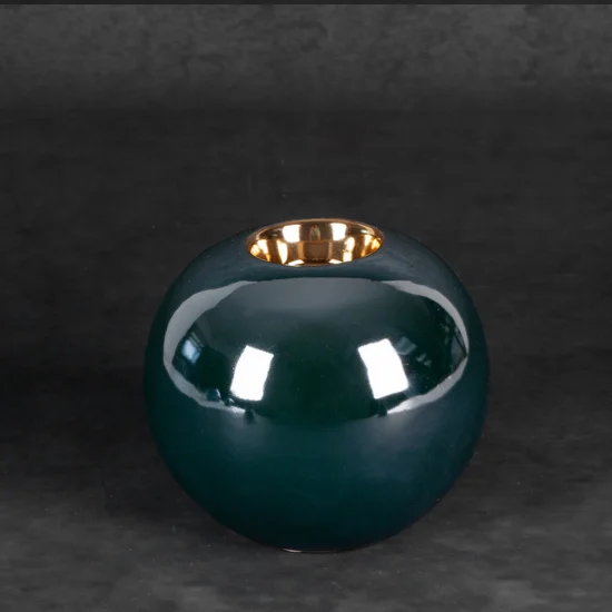 Świecznik ceramiczny AMORA 2 o lśniącej powierzchni ze złotym detalem, kulisty - ∅ 9 x 8 cm - zielony