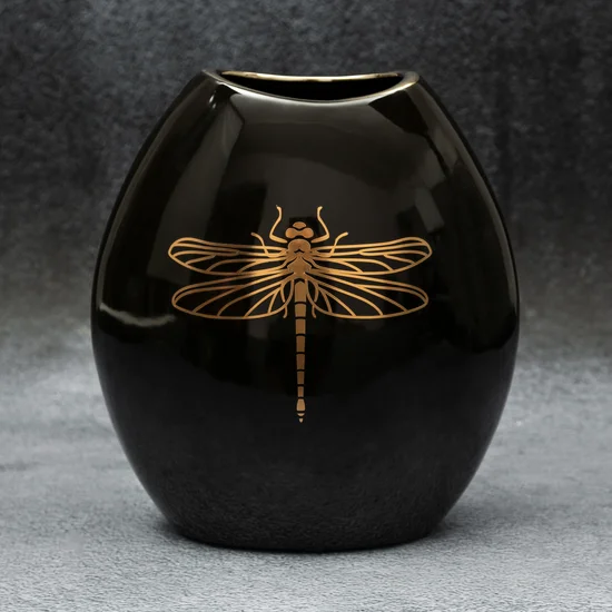 Wazon ceramiczny z nadrukiem złotej ważki - 22 x 12 x 25 cm - czarny