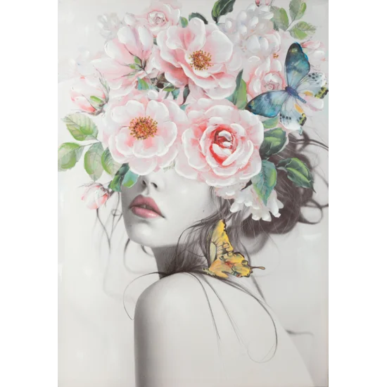 Obraz ISABELLE portret kobiety w nakryciu głowy z kwiatów ręcznie malowany na płótnie w ramie - 70 x 100 cm - różowy