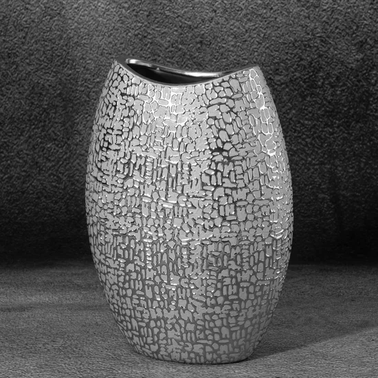 Wazon ceramiczny RISO z drobnym błyszczącym wzorem - 15 x 8 x 20 cm - srebrny