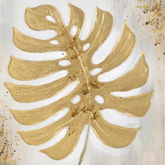 Obraz GOLDIE  złoty liść monstery ręcznie malowany na płótnie - 60 x 60 cm - złoty