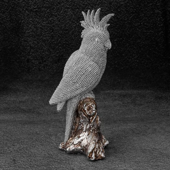 Papuga - figurka dekoracyjna ELDO o drobnym strukturalnym wzorze, srebrno-złota - 9 x 7 x 21 cm - srebrny
