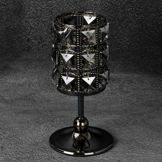 Świecznik HANA 3 na wysmukłej metalowej czarnej nóżce z kloszem z kryształów - ∅ 10 x 20 cm - czarny
