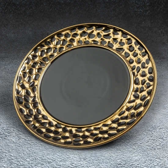 Patera dekoracyjna MADLEN okrągła czarna ze złotym zdobieniem nowoczesne wzornictwo - ∅ 30 x 2 cm - czarny