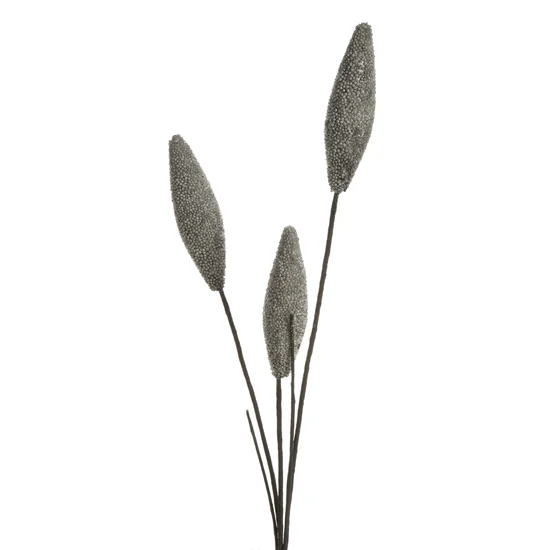 GAŁĄZKA OZDOBNA z trzema pąkami oprószonymi brokatem - 68 cm - srebrny
