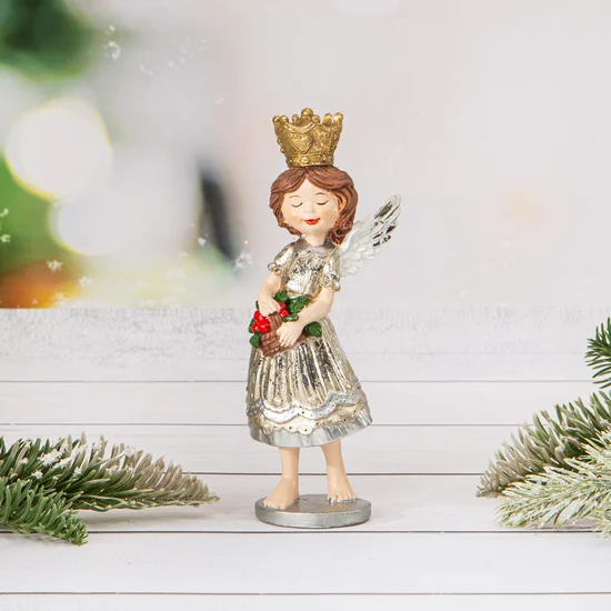 Figurka świąteczna ANIOŁEK trzymający koszyczek z bukietem kwiatów - 6 x 6 x 15 cm - srebrny