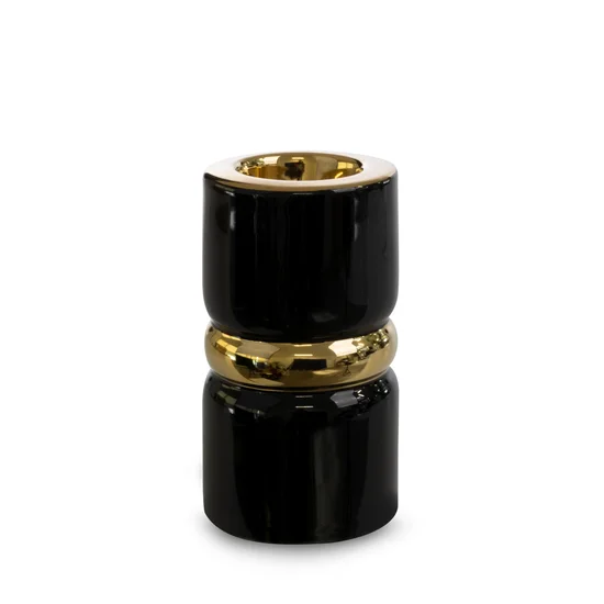Świecznik ceramiczny SELIN o  kształcie walca czarno-złoty - ∅ 8 x 15 cm - czarny