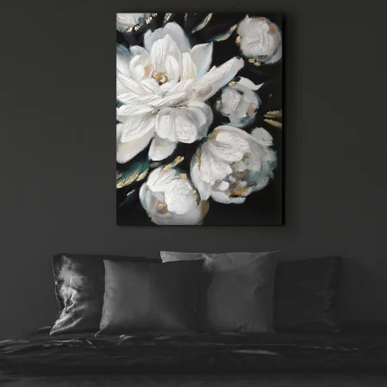 Obraz CAMELLIA ręcznie malowany na płótnie podkreślony złotymi akcentami Obraz CAMELLIA ręcznie malowany na płótnie podkreślony złotymi akcentami - 80 x 100 cm