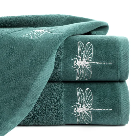 Ręcznik z błyszczącym haftem w kształcie ważki na szenilowej bordiurze - 50 x 90 cm - turkusowy