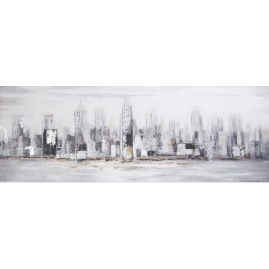 Obraz CAPITAL ręcznie malowany na płótnie kolaż z widokiem miasta - 100 x 50 cm - srebrny
