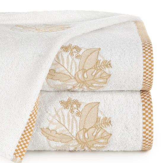 Ręcznik  PALMS bawełniany z haftowaną bordiurą w egzotyczne liście - 50 x 90 cm - biały