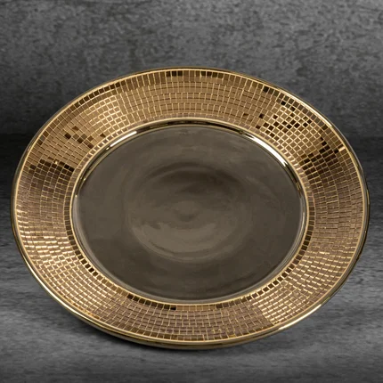 Złota patera ceramiczna dekorowana lusterkami w stylu glamour Złota patera ceramiczna dekorowana lusterkami w stylu glamour - ∅ 30 x 2 cm