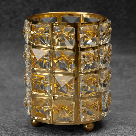 Świecznik TESA z metalu szkła i kryształków w stylu glamour, złoty - ∅ 9 x 12 cm - złoty