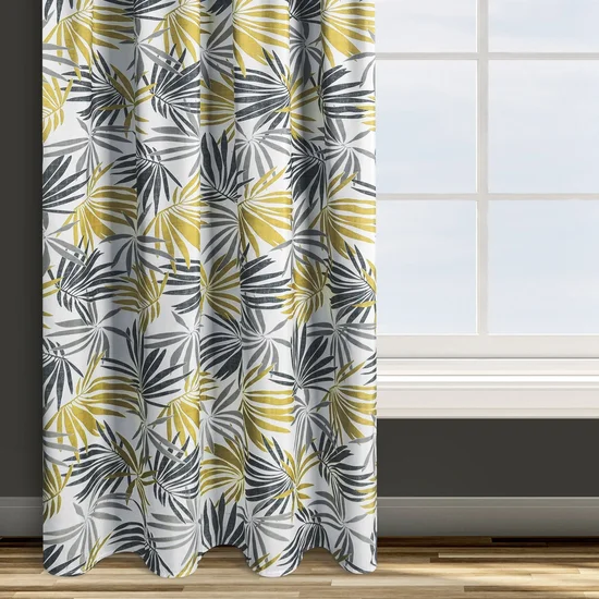 DESIGN 91 Zasłona ELINA z nadrukiem żółto-szarych liści na białym tle z lekkiej mikrofibry - 140 x 270 cm - biały