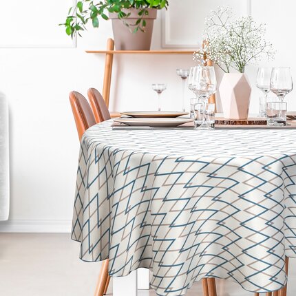 Okrągły obrus INES z nadrukowanym motywem geometrycznym ∅ 150 cm naturalny,ciemnoturkusowy