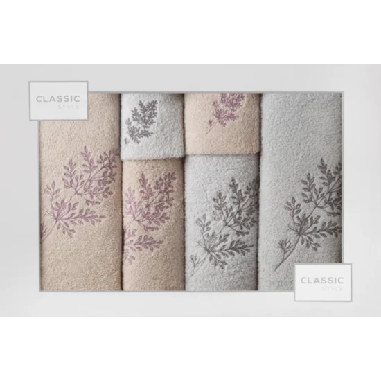 Komplet ręczników z haftowanymi gałązkami w kartonowym opakowaniu - 53 x 37 x 11 cm - srebrny