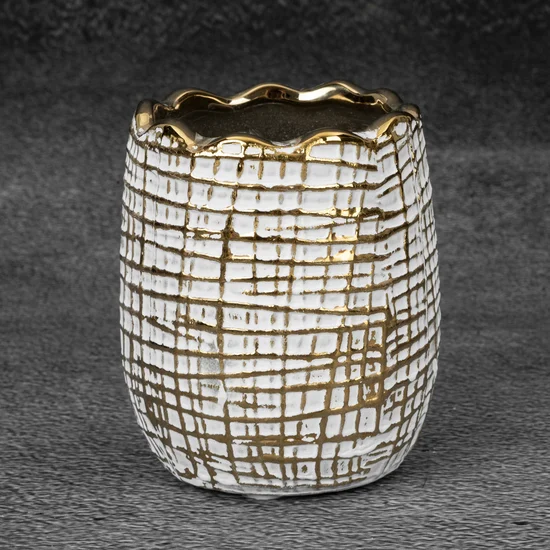 Wazon ceramiczny SELMA z wytłaczanym wzorem biało-złoty - ∅ 9 x 10 cm - biały