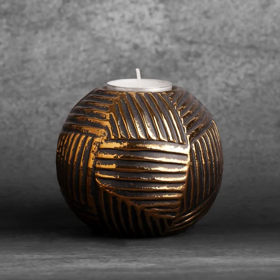 Świecznik ceramiczny EMMI z wytłaczanym geometrycznym wzorem - ∅ 10 x 9 cm - czarny