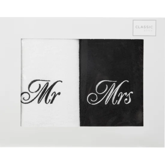 Komplet ręczników z haftem Mrs&Mr w kartonowym opakowaniu - 46 x 36 x 7 cm - biały