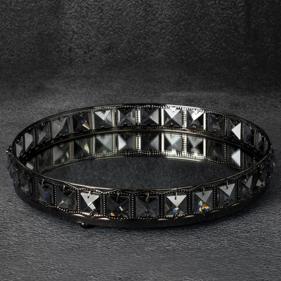 Okrągła taca dekoracyjna HANA 2 z lustrzanym blatem i metalowym obrzeżem z kryształami w stylu glamour - ∅ 32 x 6 cm - czarny