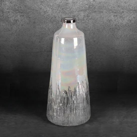 Wazon ADEN z opalizującego szkła artystycznego ze srebrnym zdobieniem - ∅ 15 x 36 cm - kremowy