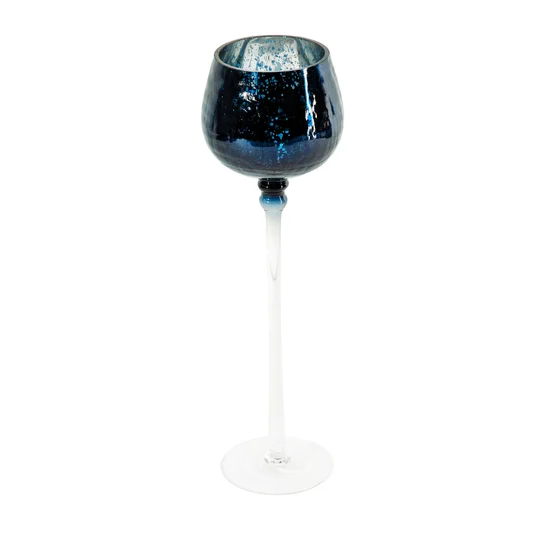 Świecznik szklany VERRE na wysmukłej nóżce z granatowym kielichem - ∅ 9 x 30 cm - biały