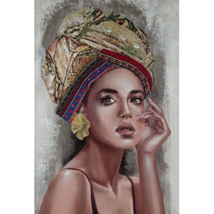 Obraz portret kobiety w turbanie ręcznie malowany na płótnie 70 x 100 cm brązowy,beżowy