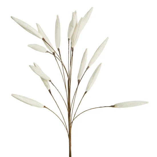 GAŁĄZKA OZDOBNA z pąkami oprószona brokatem, kwiat sztuczny dekoracyjny - dł.96cm z ozd dł40cm/7cm - biały