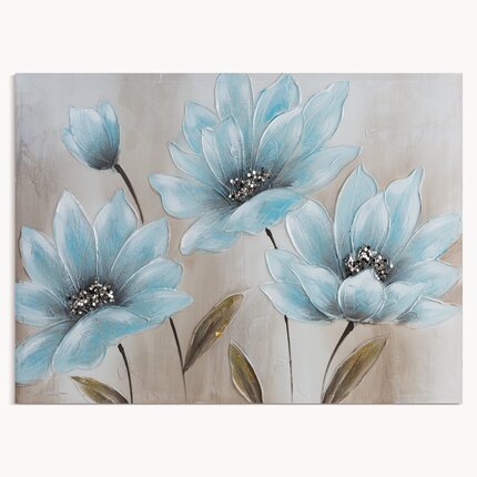 Obraz BLOOM 3 ręcznie malowany na płótnie niebieskie kwiaty wykończone lśniącym brokatem 90 x 60 cm błękitny,beżowy | Eurofirany