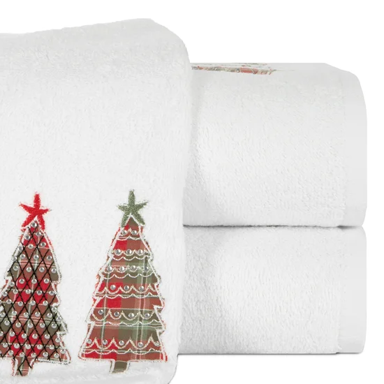 Ręcznik świąteczny SANTA 15 bawełniany z aplikacją z choinkami i drobnymi kryształkami - 70 x 140 cm - biały