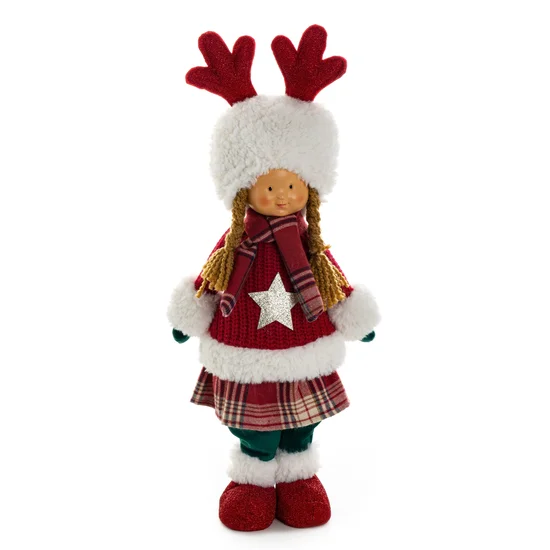 Figurka świąteczna DOLL lalka w zimowym stroju z miękkim futerkiem - 21 x 12 x 52 cm - czerwony