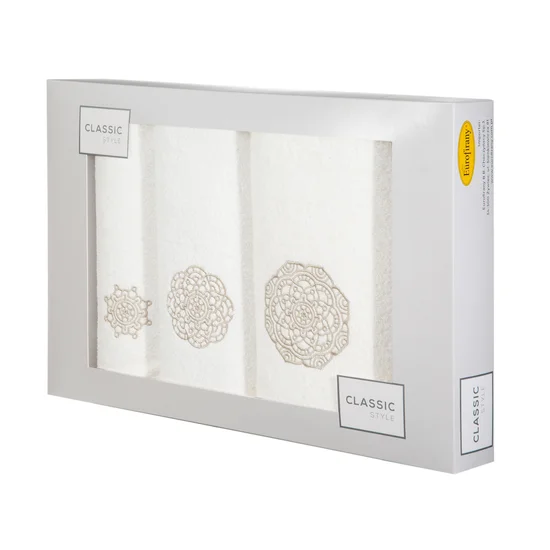 Komplet ręczników z haftem w kształcie mandali w kartonowym opakowaniu - 56 x 36 x 7 cm - kremowy